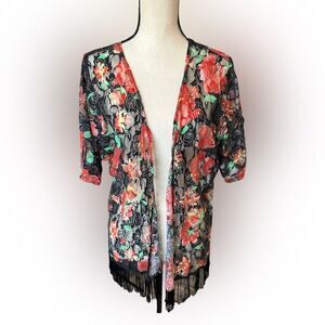 Floral Lace Fringe Kimono Boho Festival Sheer Open‎ Front Cardigan Overlay Large